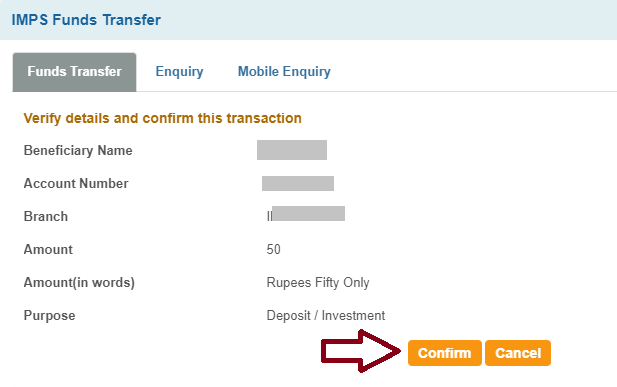 Click Confirm - SBI Bank Money Transfer