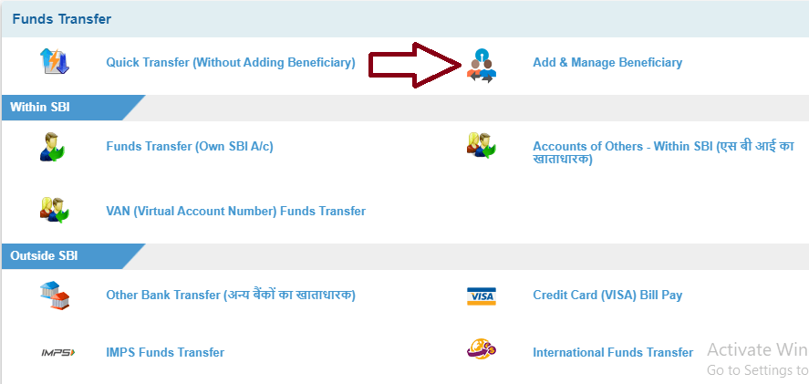 Select Add & Manage Beneficiary - SBI Bank Money Transfer